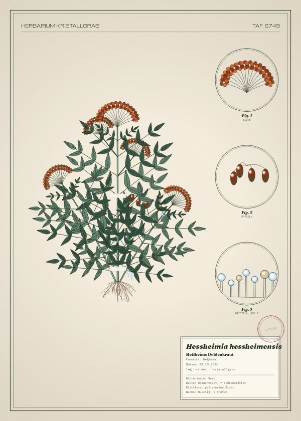 Botanische Tafel: Hessheimia hessheimensis, eine erfundene Pflanze aus Heßheim, gezeichnet wie in einem alten Pflanzenatlas