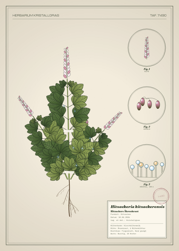 Botanische Tafel: Hitzackeria hitzackerensis, eine erfundene Pflanze aus Hitzacker, gezeichnet wie in einem alten Pflanzenatlas