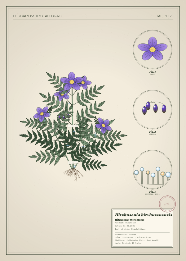 Botanische Tafel: Hitzhusenia hitzhusenensis, eine erfundene Pflanze aus Hitzhusen, gezeichnet wie in einem alten Pflanzenatlas