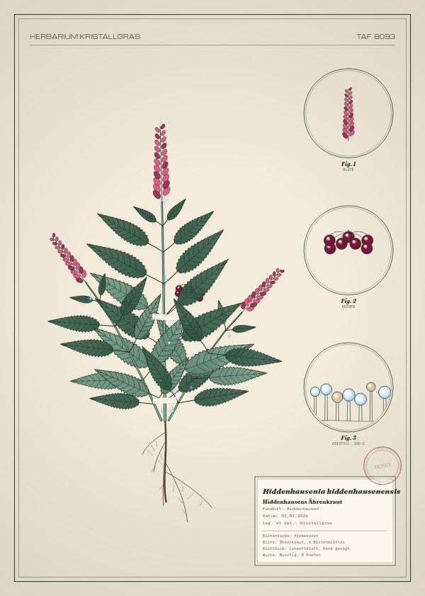 Botanische Tafel: Hiddenhausenia hiddenhausenensis, eine erfundene Pflanze aus Hiddenhausen, gezeichnet wie in einem alten Pflanzenatlas