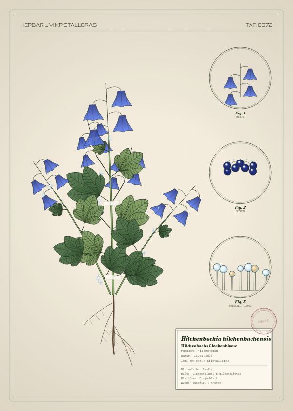 Botanische Tafel: Hilchenbachia hilchenbachensis, eine erfundene Pflanze aus Hilchenbach, gezeichnet wie in einem alten Pflanzenatlas