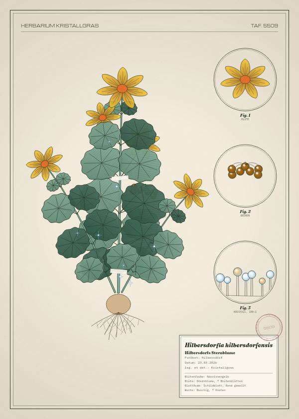 Botanische Tafel: Hilbersdorfia hilbersdorfensis, eine erfundene Pflanze aus Hilbersdorf, gezeichnet wie in einem alten Pflanzenatlas