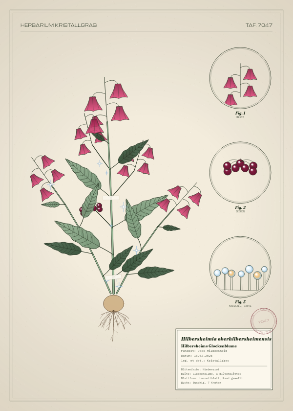 Botanische Tafel: Hilbersheimia oberhilbersheimensis, eine erfundene Pflanze aus Ober-Hilbersheim, gezeichnet wie in einem alten Pflanzenatlas