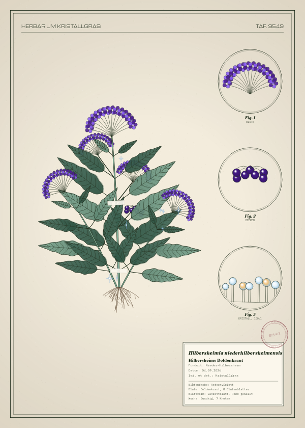 Botanische Tafel: Hilbersheimia niederhilbersheimensis, eine erfundene Pflanze aus Nieder-Hilbersheim, gezeichnet wie in einem alten Pflanzenatlas