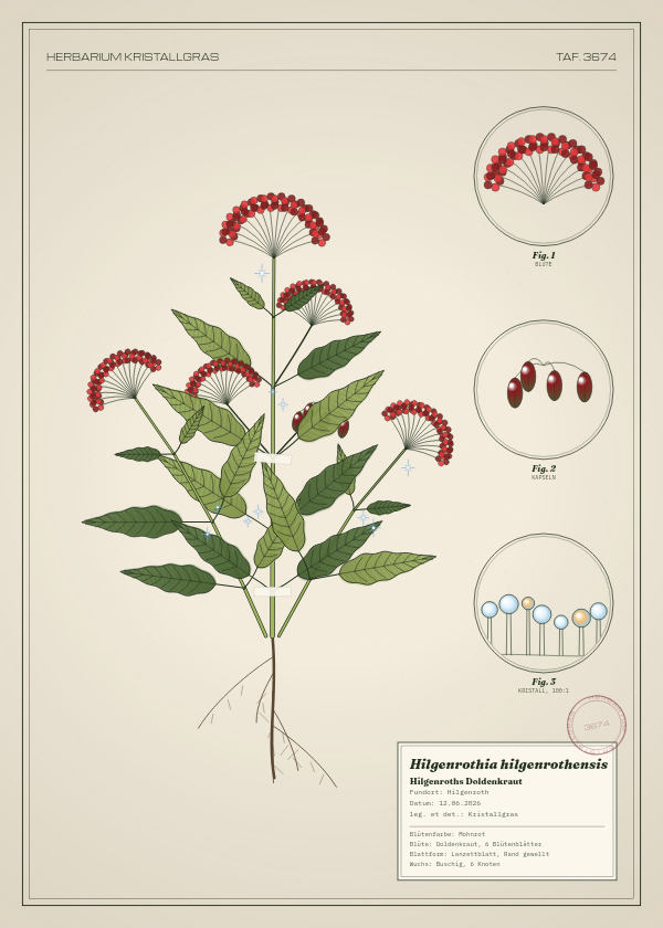 Botanische Tafel: Hilgenrothia hilgenrothensis, eine erfundene Pflanze aus Hilgenroth, gezeichnet wie in einem alten Pflanzenatlas