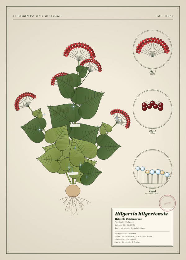Botanische Tafel: Hilgertia hilgertensis, eine erfundene Pflanze aus Hilgert, gezeichnet wie in einem alten Pflanzenatlas