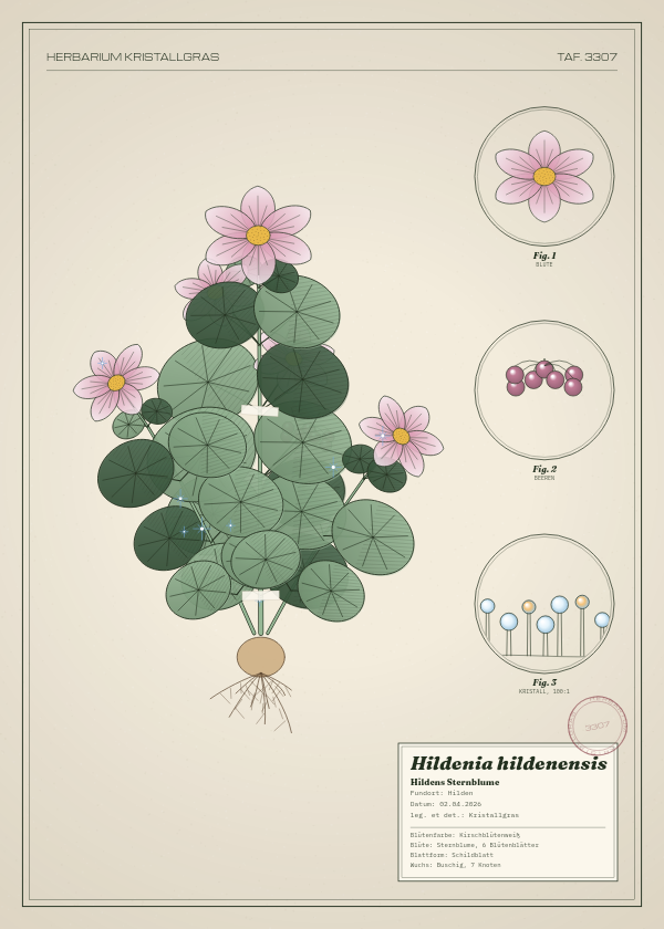 Botanische Tafel: Hildenia hildenensis, eine erfundene Pflanze aus Hilden, gezeichnet wie in einem alten Pflanzenatlas