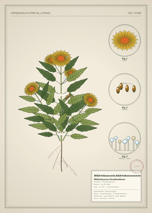 Botanische Tafel: Hildrizhausenia hildrizhausenensis, eine erfundene Pflanze aus Hildrizhausen, gezeichnet wie in einem alten Pflanzenatlas