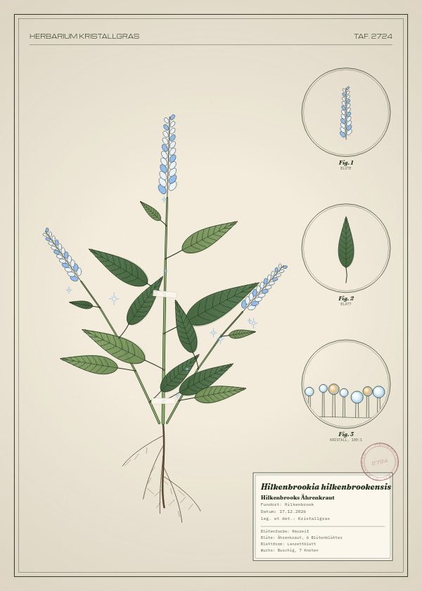 Botanische Tafel: Hilkenbrookia hilkenbrookensis, eine erfundene Pflanze aus Hilkenbrook, gezeichnet wie in einem alten Pflanzenatlas