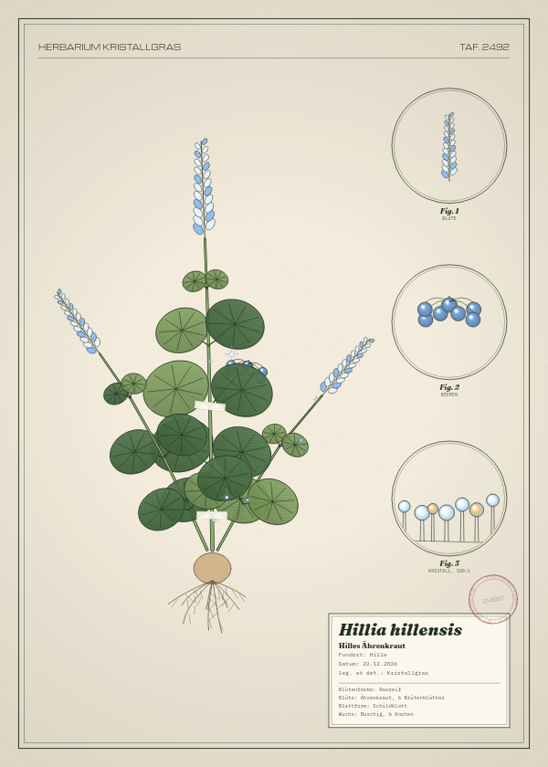 Botanische Tafel: Hillia hillensis, eine erfundene Pflanze aus Hille, gezeichnet wie in einem alten Pflanzenatlas