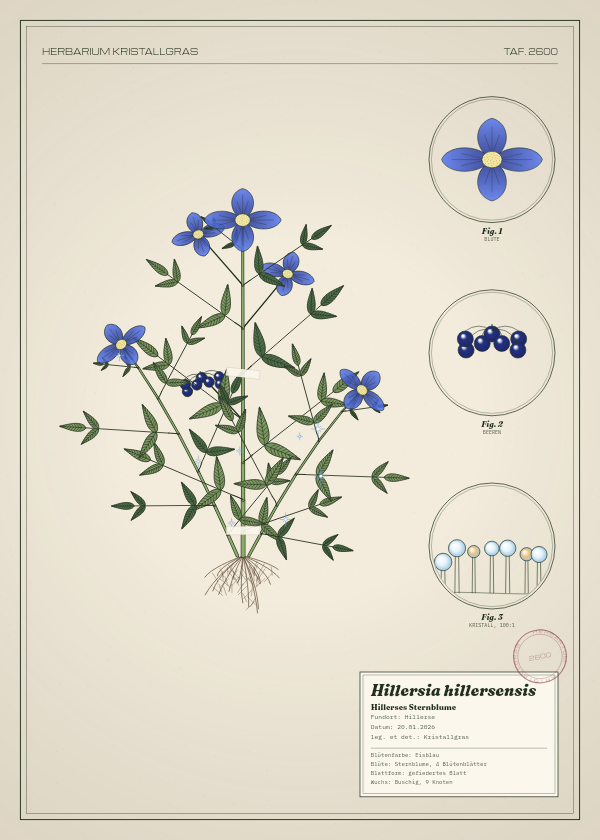 Botanische Tafel: Hillersia hillersensis, eine erfundene Pflanze aus Hillerse, gezeichnet wie in einem alten Pflanzenatlas