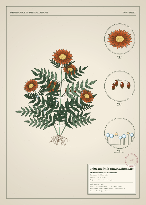 Botanische Tafel: Hillesheimia hillesheimensis, eine erfundene Pflanze aus Hillesheim, gezeichnet wie in einem alten Pflanzenatlas