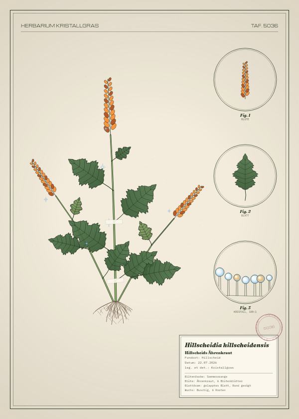 Botanische Tafel: Hillscheidia hillscheidensis, eine erfundene Pflanze aus Hillscheid, gezeichnet wie in einem alten Pflanzenatlas