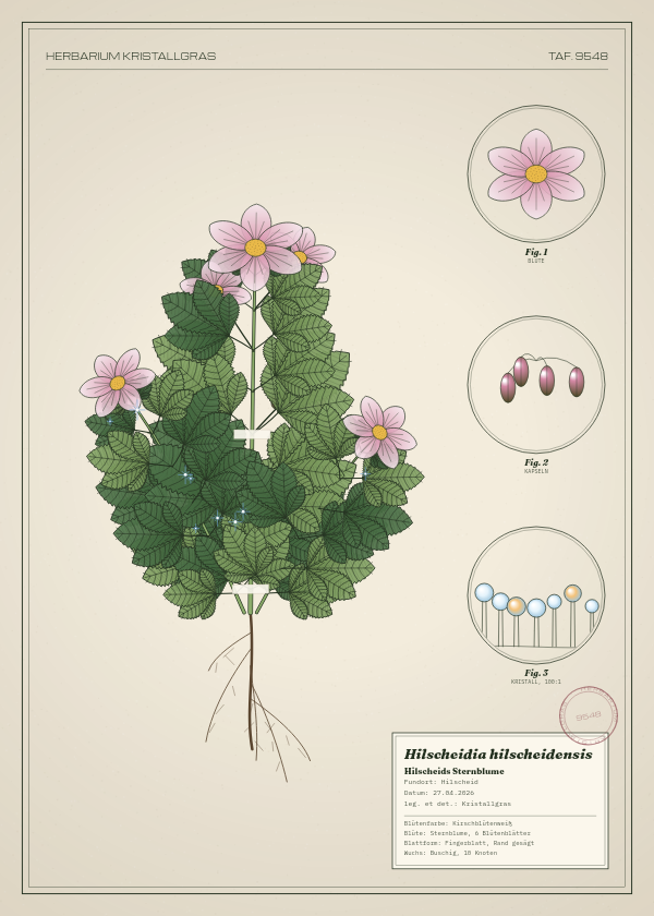 Botanische Tafel: Hilscheidia hilscheidensis, eine erfundene Pflanze aus Hilscheid, gezeichnet wie in einem alten Pflanzenatlas