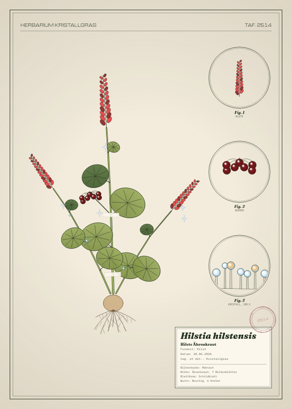 Botanische Tafel: Hilstia hilstensis, eine erfundene Pflanze aus Hilst, gezeichnet wie in einem alten Pflanzenatlas