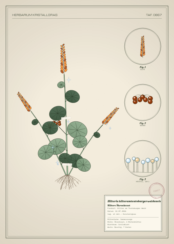 Botanische Tafel: Hilteria hilteramteutoburgerwaldensis, eine erfundene Pflanze aus Hilter am Teutoburger Wald, gezeichnet wie in einem alten Pflanzenatlas