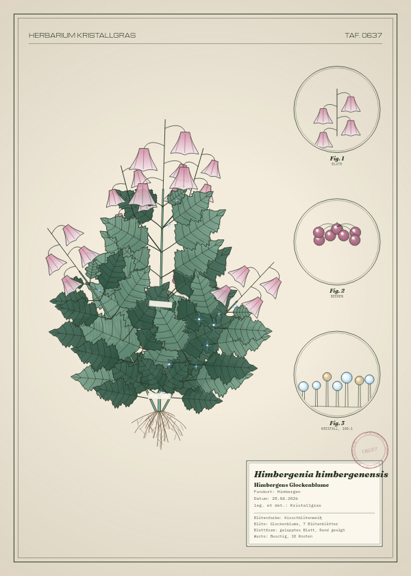 Botanische Tafel: Himbergenia himbergenensis, eine erfundene Pflanze aus Himbergen, gezeichnet wie in einem alten Pflanzenatlas