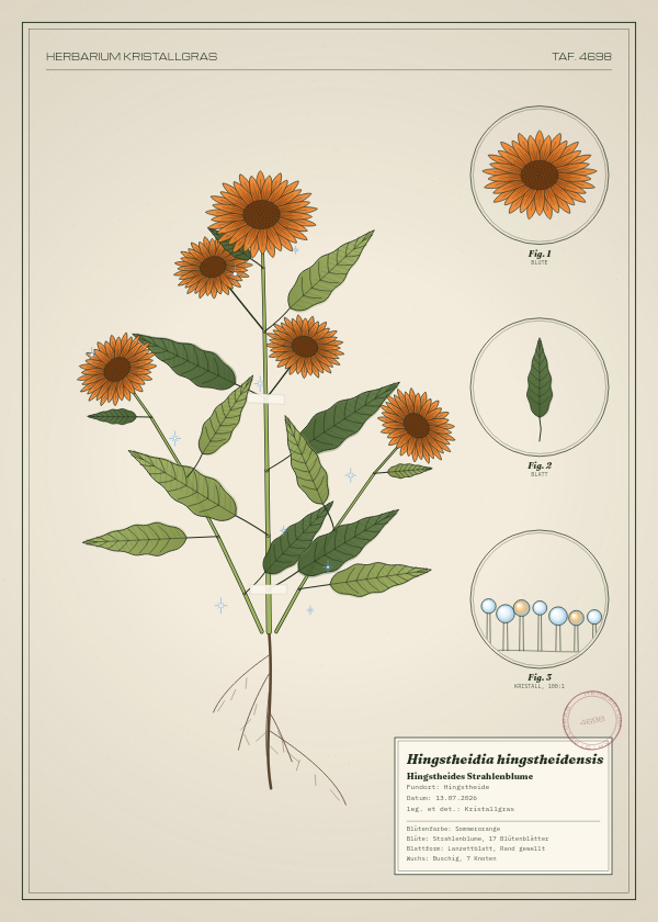 Botanische Tafel: Hingstheidia hingstheidensis, eine erfundene Pflanze aus Hingstheide, gezeichnet wie in einem alten Pflanzenatlas