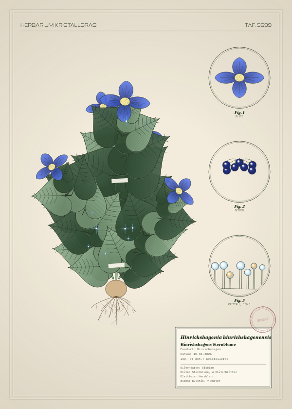 Botanische Tafel: Hinrichshagenia hinrichshagenensis, eine erfundene Pflanze aus Hinrichshagen, gezeichnet wie in einem alten Pflanzenatlas