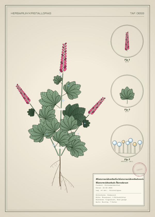 Botanische Tafel: Hinterweidenthalia hinterweidenthalensis, eine erfundene Pflanze aus Hinterweidenthal, gezeichnet wie in einem alten Pflanzenatlas