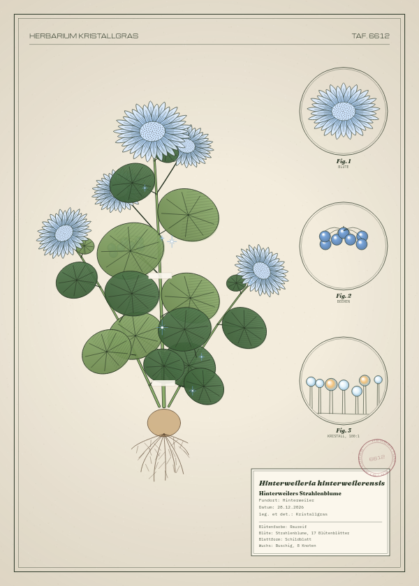 Botanische Tafel: Hinterweileria hinterweilerensis, eine erfundene Pflanze aus Hinterweiler, gezeichnet wie in einem alten Pflanzenatlas