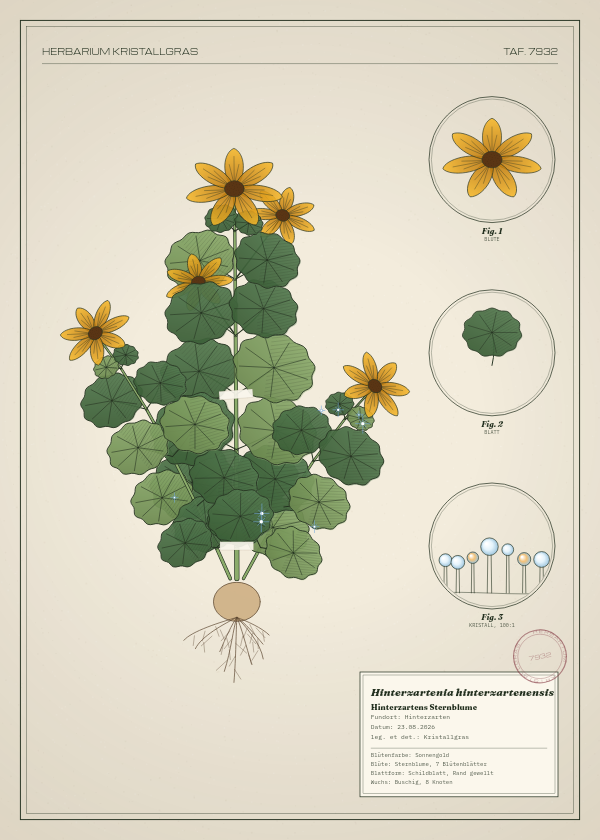 Botanische Tafel: Hinterzartenia hinterzartenensis, eine erfundene Pflanze aus Hinterzarten, gezeichnet wie in einem alten Pflanzenatlas