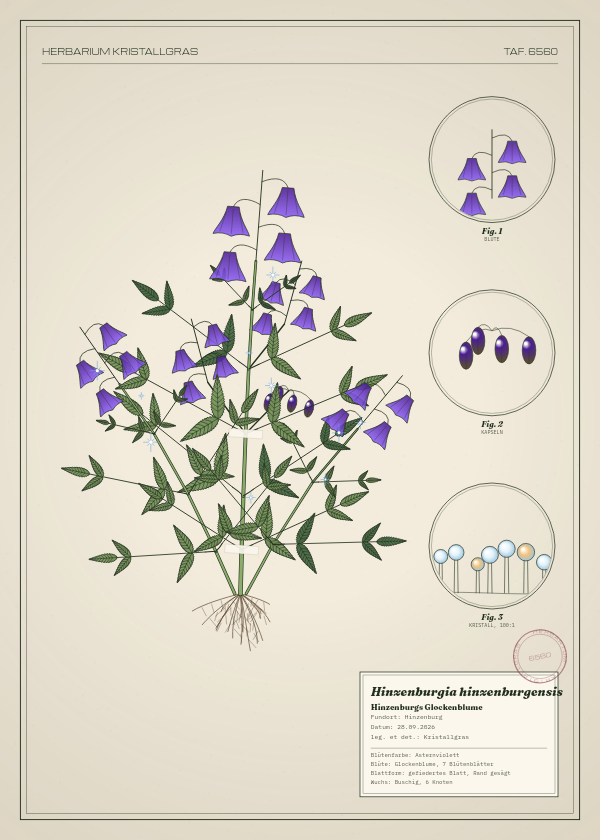 Botanische Tafel: Hinzenburgia hinzenburgensis, eine erfundene Pflanze aus Hinzenburg, gezeichnet wie in einem alten Pflanzenatlas