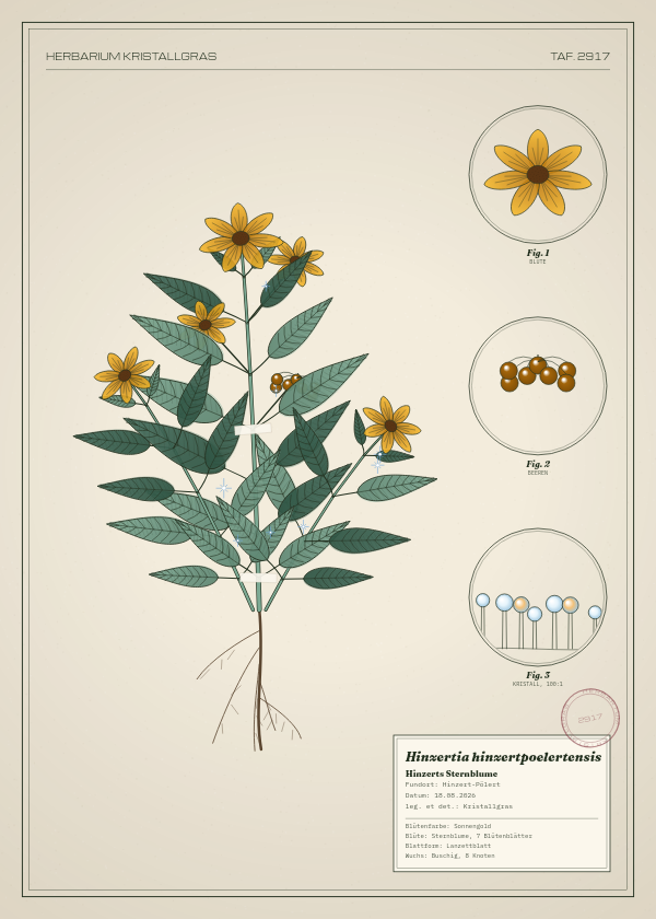 Botanische Tafel: Hinzertia hinzertpoelertensis, eine erfundene Pflanze aus Hinzert-Pölert, gezeichnet wie in einem alten Pflanzenatlas