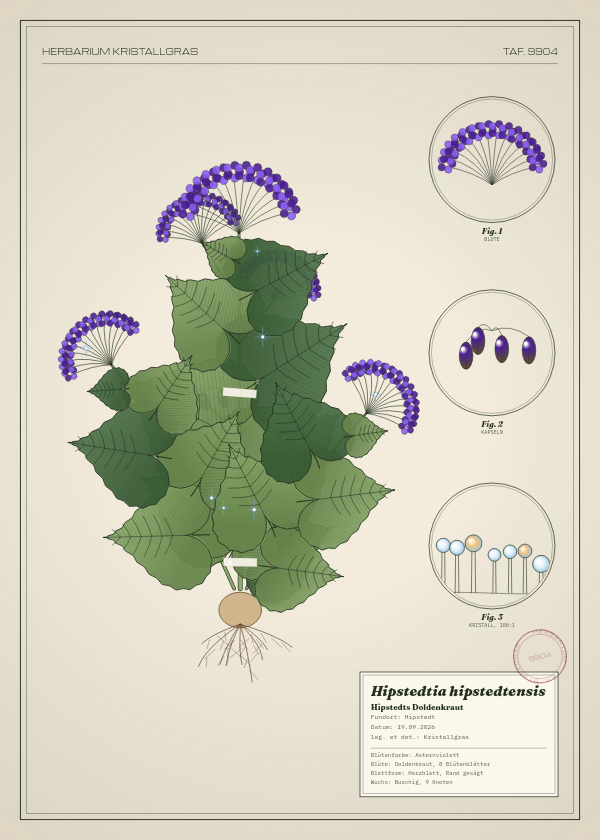 Botanische Tafel: Hipstedtia hipstedtensis, eine erfundene Pflanze aus Hipstedt, gezeichnet wie in einem alten Pflanzenatlas
