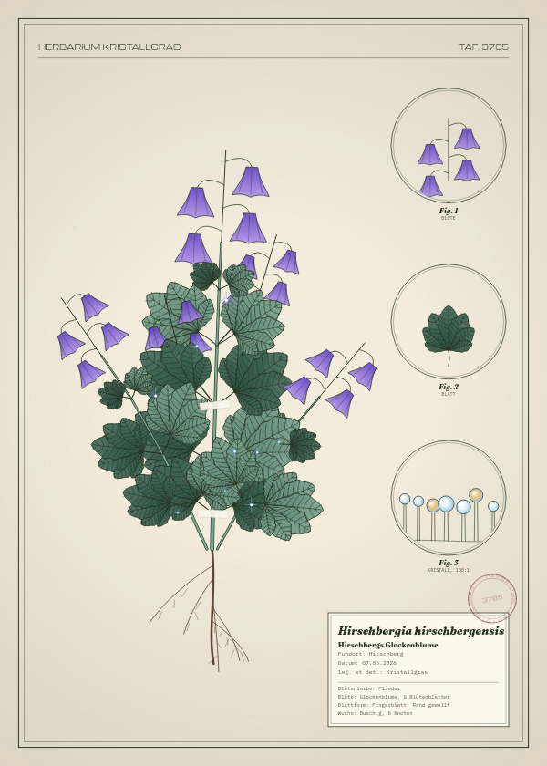 Botanische Tafel: Hirschbergia hirschbergensis, eine erfundene Pflanze aus Hirschberg, gezeichnet wie in einem alten Pflanzenatlas