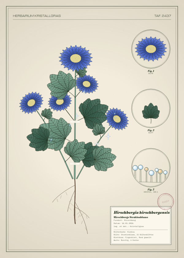 Botanische Tafel: Hirschbergia hirschbergensis, eine erfundene Pflanze aus Hirschberg, gezeichnet wie in einem alten Pflanzenatlas