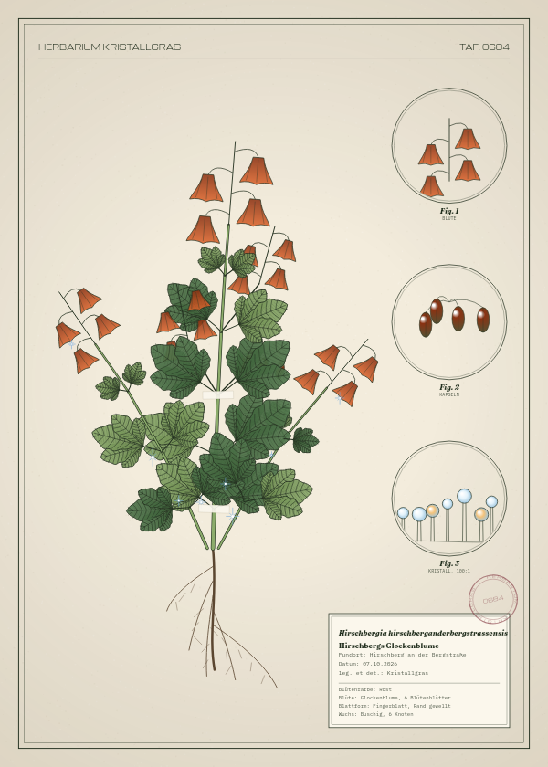 Botanische Tafel: Hirschbergia hirschberganderbergstrassensis, eine erfundene Pflanze aus Hirschberg an der Bergstraße, gezeichnet wie in einem alten Pflanzenatlas