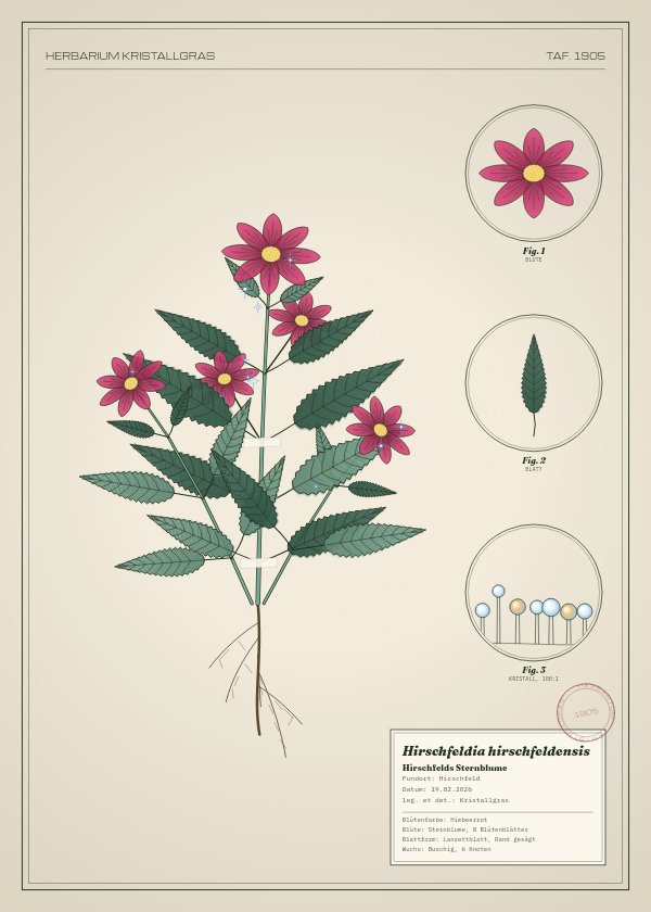 Botanische Tafel: Hirschfeldia hirschfeldensis, eine erfundene Pflanze aus Hirschfeld, gezeichnet wie in einem alten Pflanzenatlas