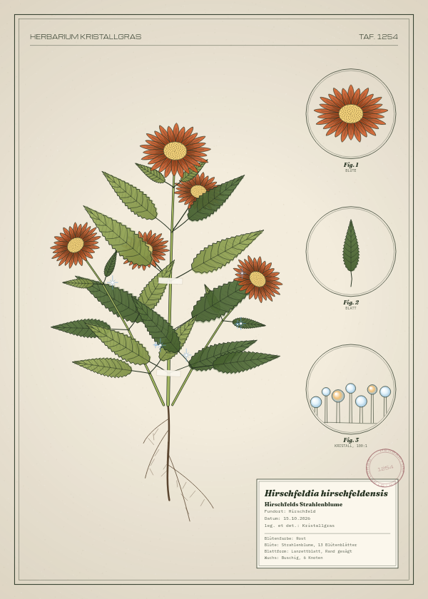 Botanische Tafel: Hirschfeldia hirschfeldensis, eine erfundene Pflanze aus Hirschfeld, gezeichnet wie in einem alten Pflanzenatlas