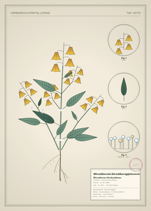 Botanische Tafel: Hirschhornia hirschhornpfalzensis, eine erfundene Pflanze aus Hirschhorn/Pfalz, gezeichnet wie in einem alten Pflanzenatlas