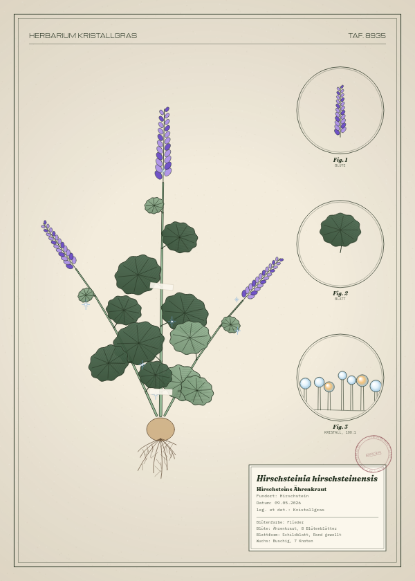 Botanische Tafel: Hirschsteinia hirschsteinensis, eine erfundene Pflanze aus Hirschstein, gezeichnet wie in einem alten Pflanzenatlas