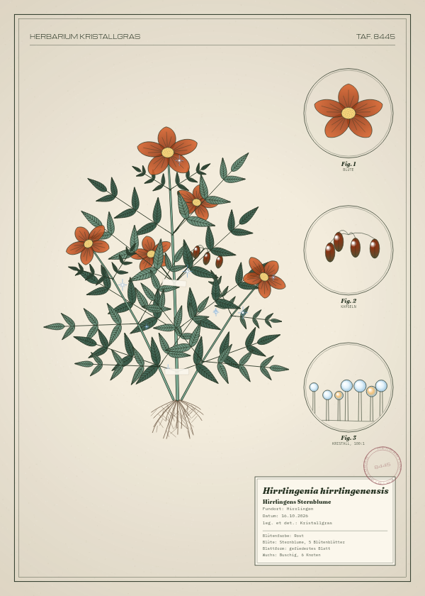 Botanische Tafel: Hirrlingenia hirrlingenensis, eine erfundene Pflanze aus Hirrlingen, gezeichnet wie in einem alten Pflanzenatlas