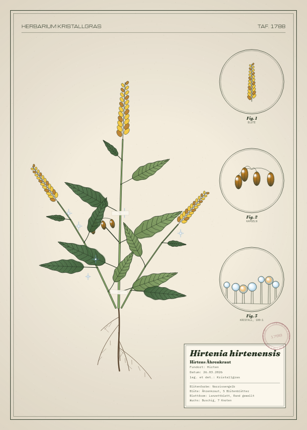 Botanische Tafel: Hirtenia hirtenensis, eine erfundene Pflanze aus Hirten, gezeichnet wie in einem alten Pflanzenatlas