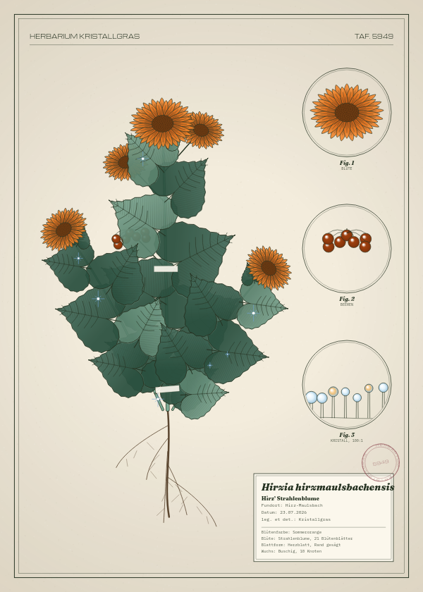 Botanische Tafel: Hirzia hirzmaulsbachensis, eine erfundene Pflanze aus Hirz-Maulsbach, gezeichnet wie in einem alten Pflanzenatlas