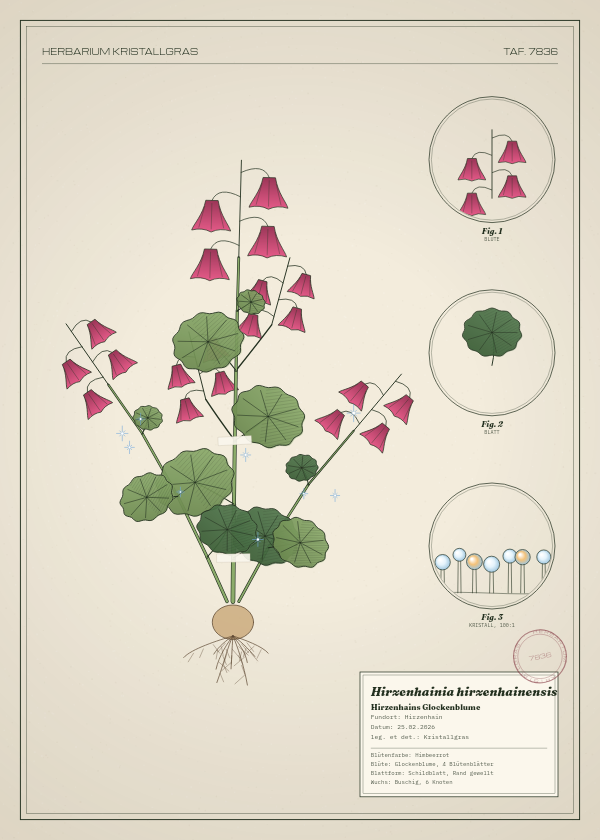 Botanische Tafel: Hirzenhainia hirzenhainensis, eine erfundene Pflanze aus Hirzenhain, gezeichnet wie in einem alten Pflanzenatlas