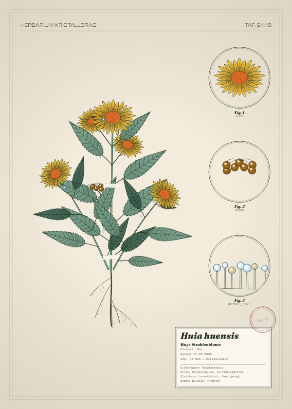 Botanische Tafel: Huia huensis, eine erfundene Pflanze aus Huy, gezeichnet wie in einem alten Pflanzenatlas