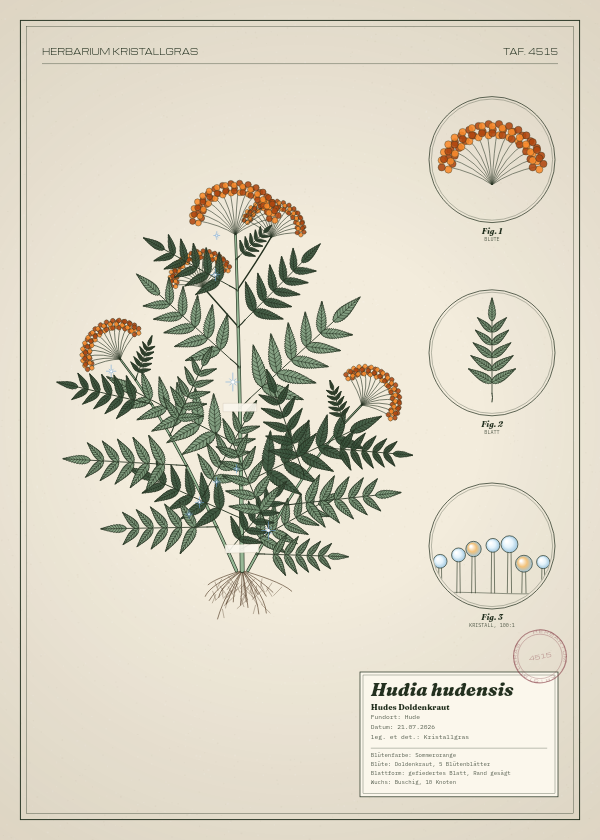 Botanische Tafel: Hudia hudensis, eine erfundene Pflanze aus Hude, gezeichnet wie in einem alten Pflanzenatlas