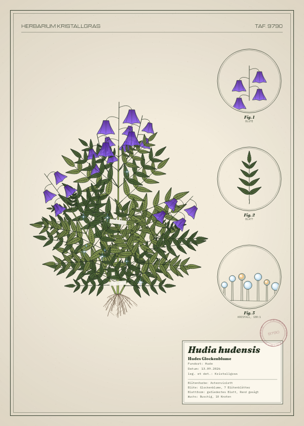 Botanische Tafel: Hudia hudensis, eine erfundene Pflanze aus Hude, gezeichnet wie in einem alten Pflanzenatlas