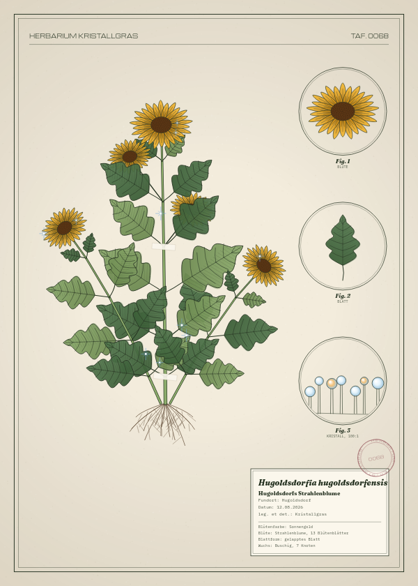 Botanische Tafel: Hugoldsdorfia hugoldsdorfensis, eine erfundene Pflanze aus Hugoldsdorf, gezeichnet wie in einem alten Pflanzenatlas