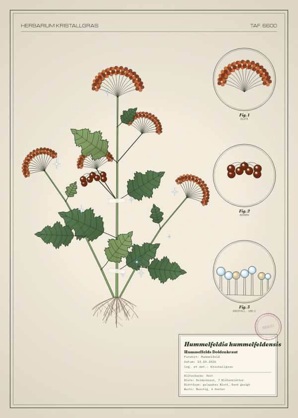 Botanische Tafel: Hummelfeldia hummelfeldensis, eine erfundene Pflanze aus Hummelfeld, gezeichnet wie in einem alten Pflanzenatlas