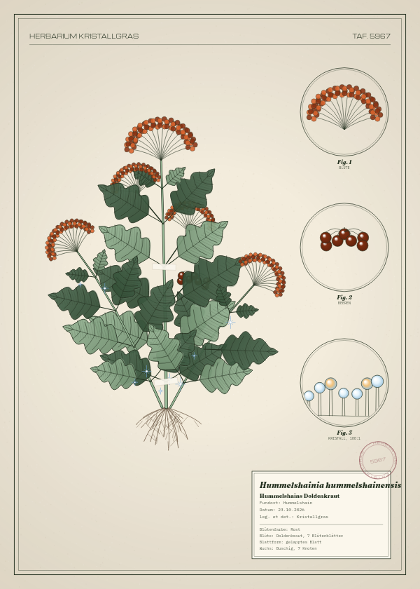 Botanische Tafel: Hummelshainia hummelshainensis, eine erfundene Pflanze aus Hummelshain, gezeichnet wie in einem alten Pflanzenatlas
