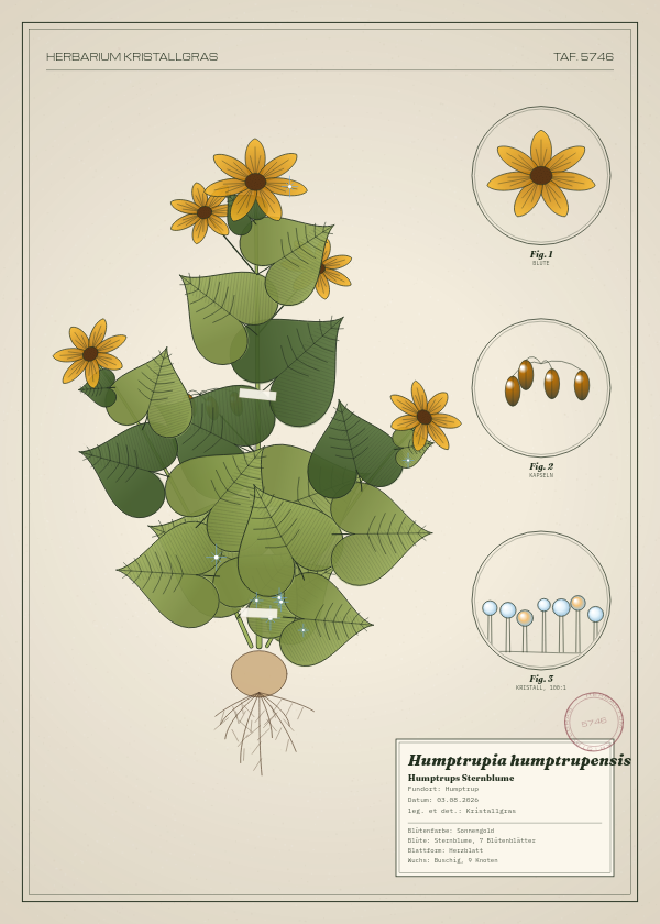 Botanische Tafel: Humptrupia humptrupensis, eine erfundene Pflanze aus Humptrup, gezeichnet wie in einem alten Pflanzenatlas