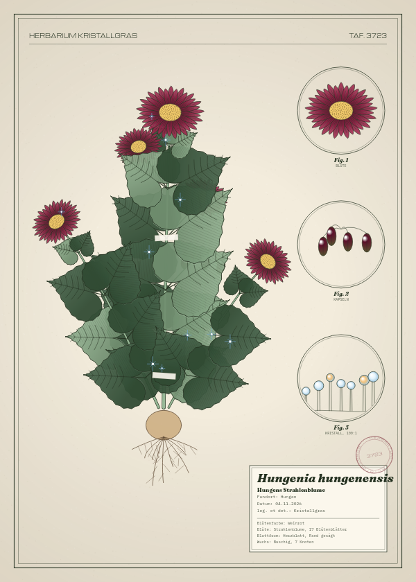 Botanische Tafel: Hungenia hungenensis, eine erfundene Pflanze aus Hungen, gezeichnet wie in einem alten Pflanzenatlas