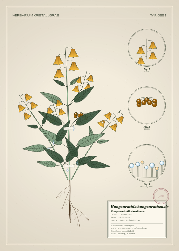 Botanische Tafel: Hungenrothia hungenrothensis, eine erfundene Pflanze aus Hungenroth, gezeichnet wie in einem alten Pflanzenatlas