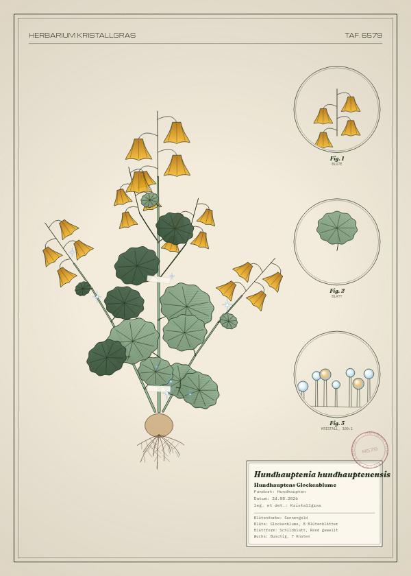 Botanische Tafel: Hundhauptenia hundhauptenensis, eine erfundene Pflanze aus Hundhaupten, gezeichnet wie in einem alten Pflanzenatlas
